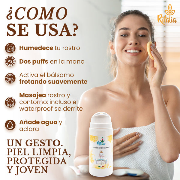 BALSAMO DESMAQUILLADOR FACIAL con ingredientes ORGÁNICOS, elimina eyeliner y mascara waterproof