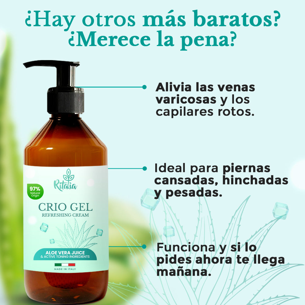 Crema para piernas 250 ml con efecto frío. Alivia piernas cansadas, hinchadas y pesadas. Ayuda con varices y capilares rotos. Criogel BIO que mejora la circulación, reafirma y tonifica.