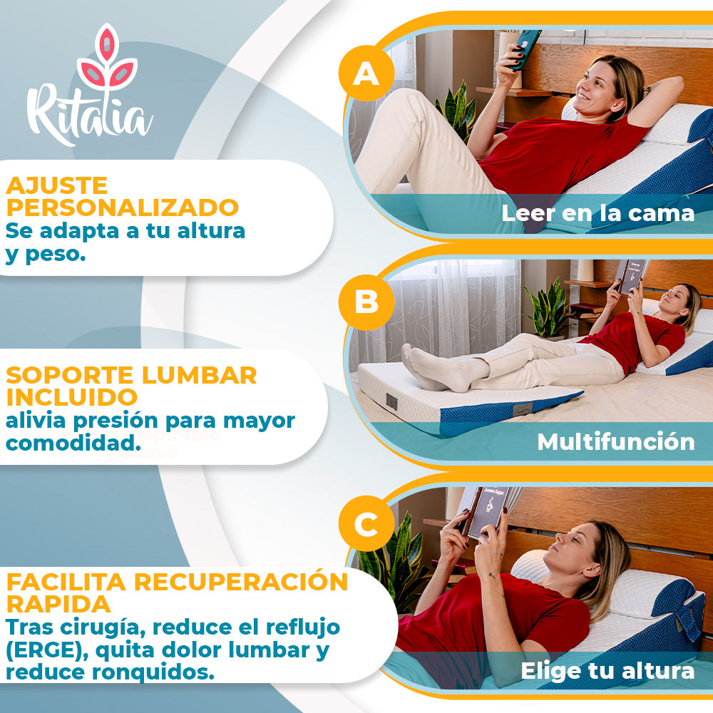 Ritalia® Almohada de Lectura 3 Alturas Extra Ancha 60x60x30 Ideal Almohada reflujo Adulto, cojin Lectura Cama, útil Respaldo para Cama y cuña elevar colchon. Gran VERSATILIDAD Incluye cojin Lumbar