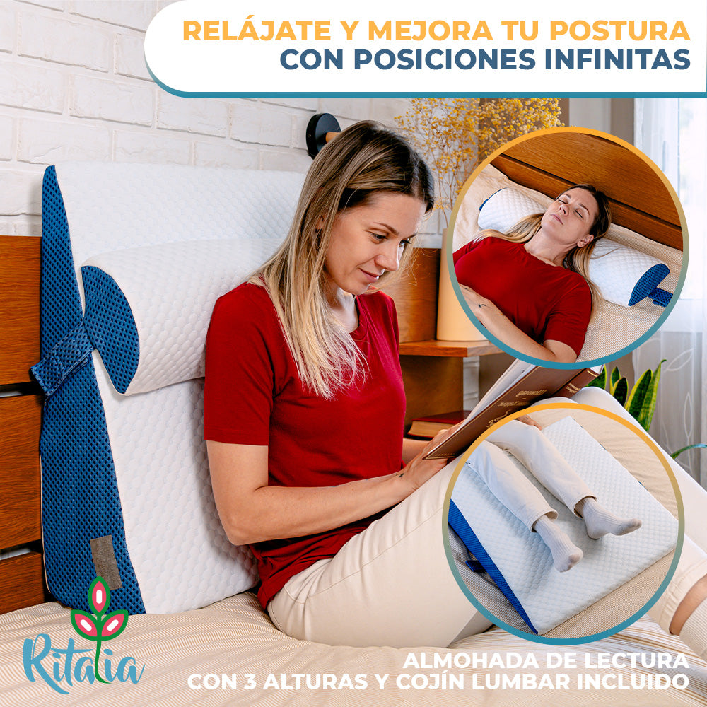 Ritalia® Almohada de Lectura 3 Alturas Extra Ancha 60x60x30 Ideal Almohada reflujo Adulto, cojin Lectura Cama, útil Respaldo para Cama y cuña elevar colchon. Gran VERSATILIDAD Incluye cojin Lumbar