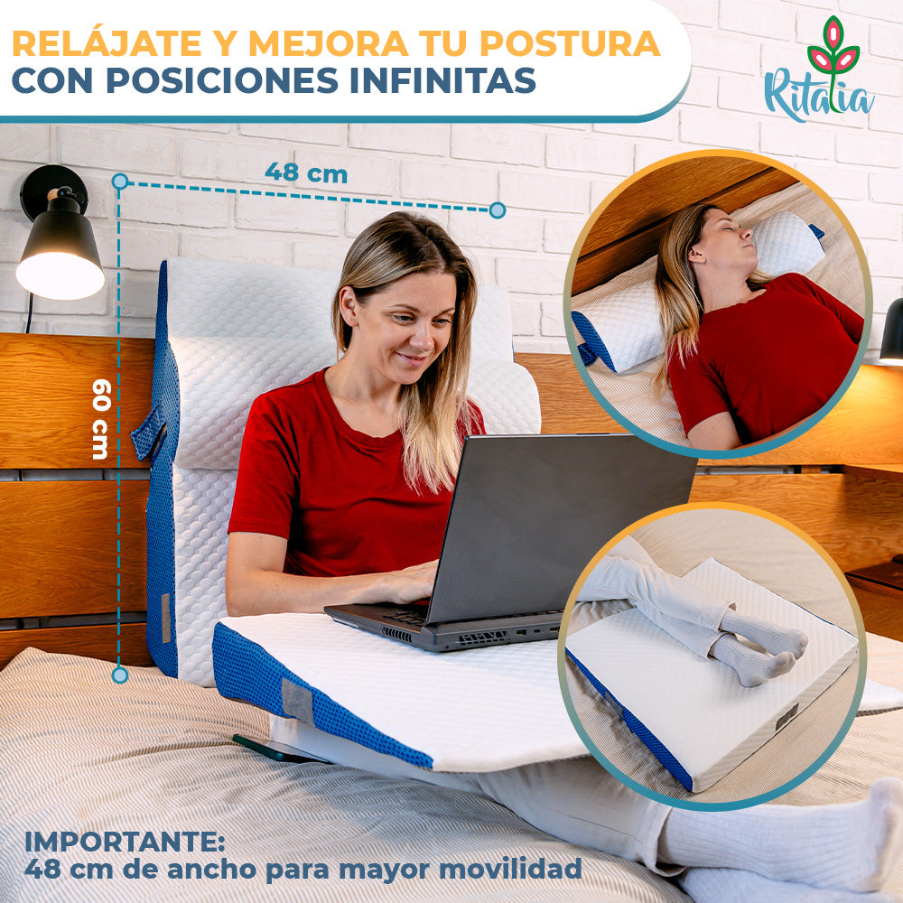 Ritalia® Almohada de Lectura 3 Alturas Extra Ancha 60x48x30 Ideal Almohada reflujo Adulto, cojin Lectura Cama, útil Respaldo para Cama y cuña elevar colchon. Gran VERSATILIDAD Incluye cojin Lumbar