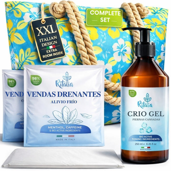 VENDAS FRÍAS PIERNAS + CREMA GEL FRÍO BIO 250 ml con BOLSA PLAYA | Efecto frío drenante, alivio piernas cansadas, tonificante y anticelulítico | Mejora circulación, varices y arañas vasculares