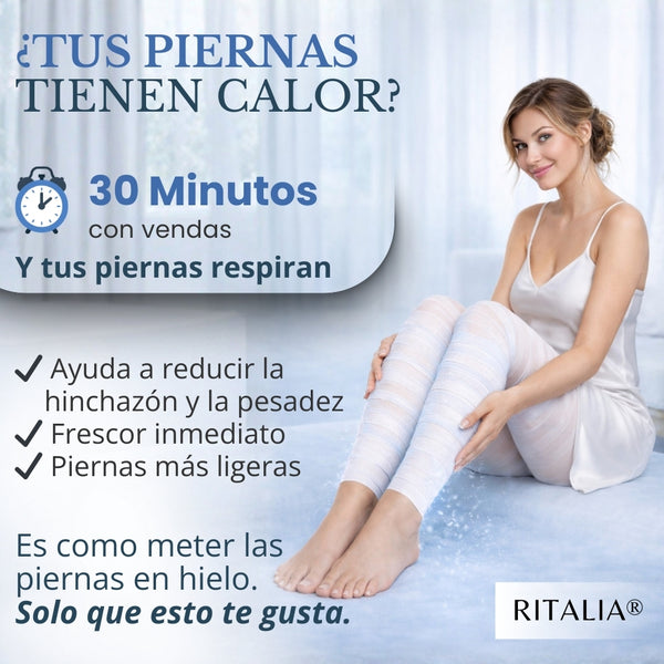 Ritalia® PACK con 7 tratamientos completos de VENDAS DRENANTES EFECTO FRÍO + RECARGA DE LÍQUIDO con BOLSA DE PLAYA XXL | Acción anticelulítica, relajante y reafirmante | Alivio para piernas cansadas