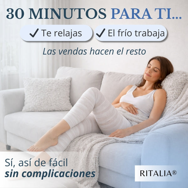 Ritalia® PACK con 7 tratamientos completos de VENDAS DRENANTES EFECTO FRÍO + RECARGA DE LÍQUIDO con BOLSA DE PLAYA XXL | Acción anticelulítica, relajante y reafirmante | Alivio para piernas cansadas