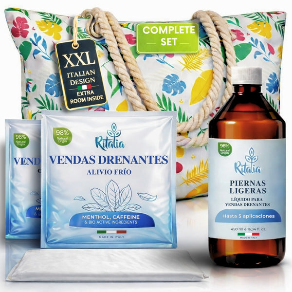 Ritalia® PACK con 7 tratamientos completos de VENDAS DRENANTES EFECTO FRÍO + RECARGA DE LÍQUIDO con BOLSA DE PLAYA XXL | Acción anticelulítica, relajante y reafirmante | Alivio para piernas cansadas
